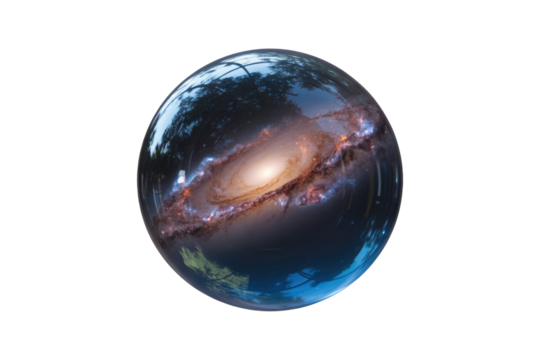 A spiral galaxy contained within a transparent sphere against a transparent background. background removed