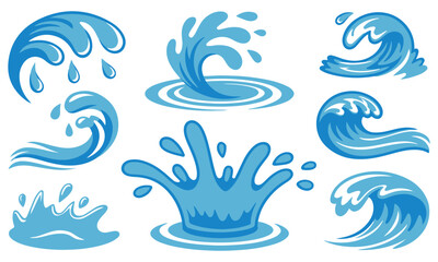 Water splash vector set, 20 designs of blue splash icons, wave graphics, liquid clipart, ocean elements, aquatic illustrations, wave patterns, fluid effects, clean design, dynamic visuals.