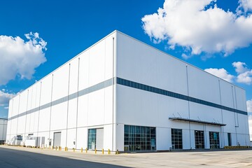 Large modern warehouse exterior with clear blue sky