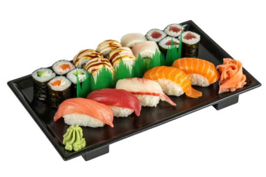 An assortment of sushi, including maki, nigiri, and uramaki, elegantly arranged on a black rectangular plate. background removed - Powered by Adobe