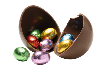 A broken chocolate Easter egg reveals colorful foil-wrapped chocolate eggs inside. background removed
