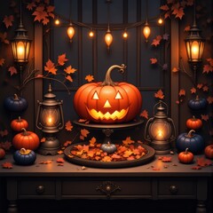 Obraz premium Rustic Halloween Scene With Lantern And Pumpkin