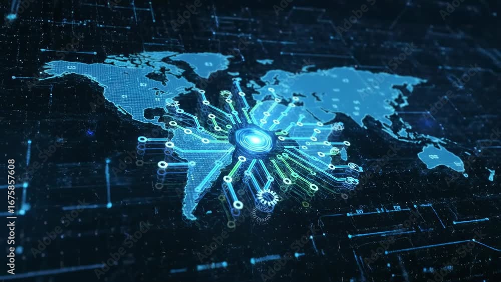Aufkleber global network connection - a digital video of a world map with a central circuit board design, illu