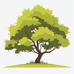 A stylized cartoon tree with thick trunk and large round green canopies stands on smooth grassy ground,