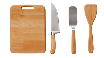 A collection of wooden and metal kitchen essentials including a cutting board, chef's knife, and spatulas, presented as a transparent PNG for easy design integration.