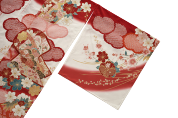 Elegant red and white Japanese kimono fabric with floral patterns and traditional designs. background removed