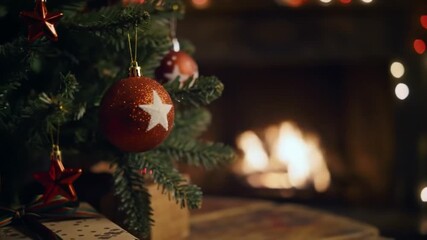 Cozy Christmas Tree with Red Star Ornaments and Blurry Fireplace Lights. - Powered by Adobe