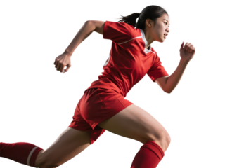 A determined female athlete in a red uniform sprints forward with focused intensity.