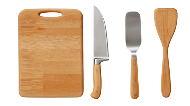 A collection of wooden and metal kitchen essentials including a cutting board, chef's knife, and spatulas, presented as a transparent PNG for easy design integration.