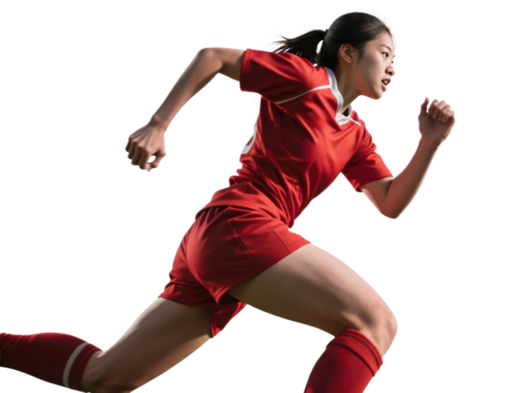 A determined female athlete in a red uniform sprints forward with focused intensity.