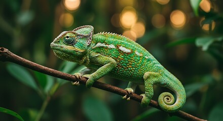 A vibrantly colored chameleon, exhibiting intricate patterns and hues, clings to a branch amidst a lush, out-of-focus backdrop of foliage.