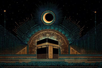 Obraz premium Vector of the Kaaba with a crescent moon above, modern Islamic art style, bold color palette (black, gold, and turquoise)