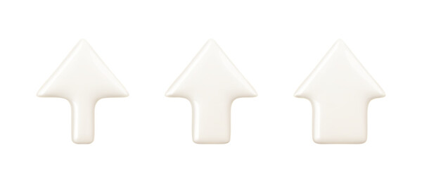 Set of realistic glossy 3d arrow icons pointing up. White plastic arrows of different thickness isolated on white background. Click cursor for app, business infographic, website. Vector illustration