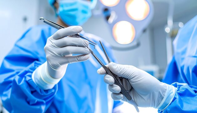 surgeons exchanging surgical instruments in operating room