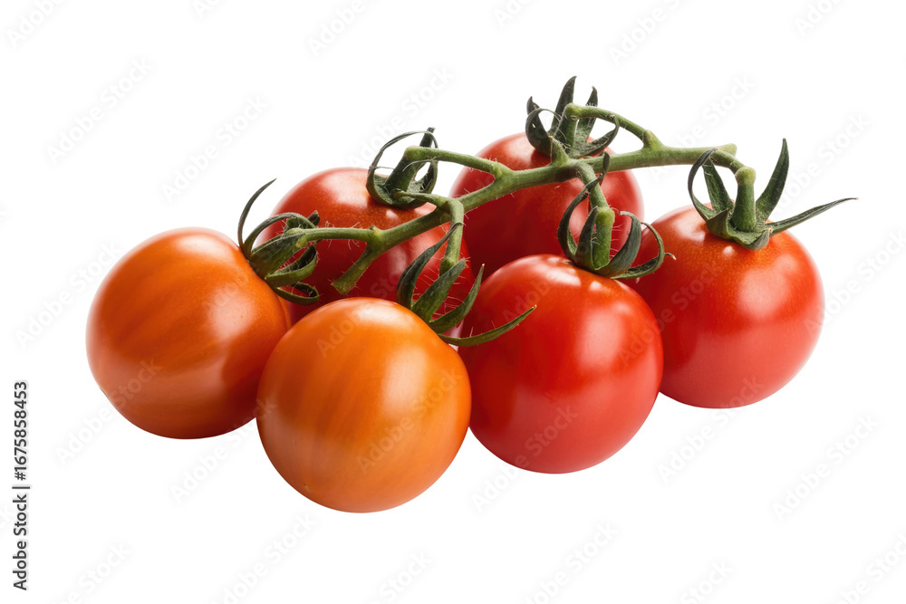 Poster a cluster of ripe red and orange tomatoes on the vine, isolated on a transparent background. backgro