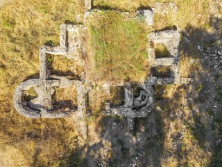 Aerial view of Roman baths (fourth century AD) of San Lorenzo in Ussana. Sardinia, Italy
