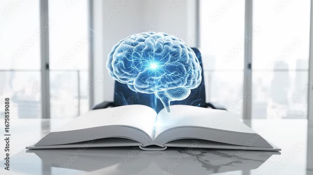 Poster brainpower: knowledge and learning - a conceptual video depicting a glowing human brain hovering abo