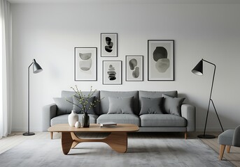 Minimalist Living Room with Gray Sofa and Abstract Art a Harmonious and Modern Interior Design Concept