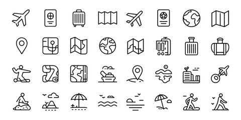Travel Outline Icon Set. travel, types of tourism, tourist transport and more. Editable stroke. Vector Modern Illustration. Editable Stroke.