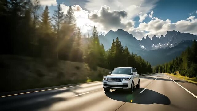 White suv driving on a mountain road at sunset 4k video