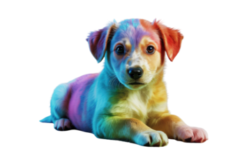 A vibrant, rainbow-colored puppy lies on a transparent background, a captivating image. background removed