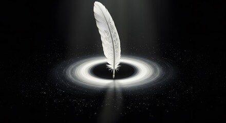 Elegant White Feather with Decorative Engraving in Dramatic Light on Dark Background