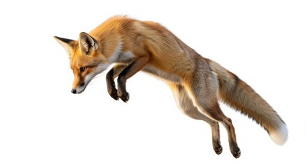 Red fox jumping isolated on white background, a wild animal in winter hunting for prey
