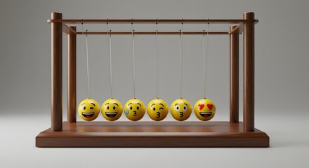 Emoji Balls Swinging on Wooden Newton Cradle, Yellow Emotion Pendulum