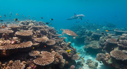 Obraz premium A vibrant coral reef teeming with marine life, including a sea turtle and dolphin, showcases the breathtaking beauty of the underwater world.