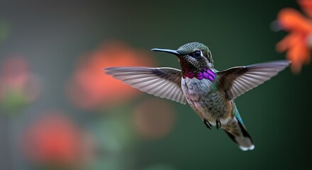 Fototapeta premium A stunning hummingbird in flight, showcasing vibrant colors and intricate details against a blurred background of orange flowers.