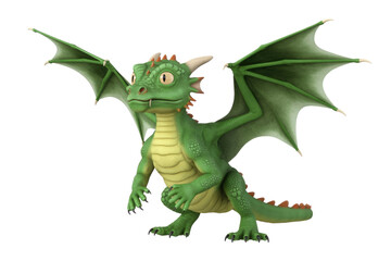 Obraz premium A cute, cartoonish green dragon with large wings, standing on all fours against a transparent background. background removed