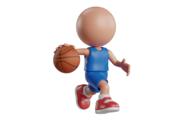 A 3D cartoon basketball player dribbling, running, wearing a blue jersey and red shoes. background removed