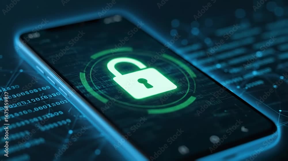 Poster smartphone data protection - a glowing green padlock icon is displayed on a smartphone screen, symbo