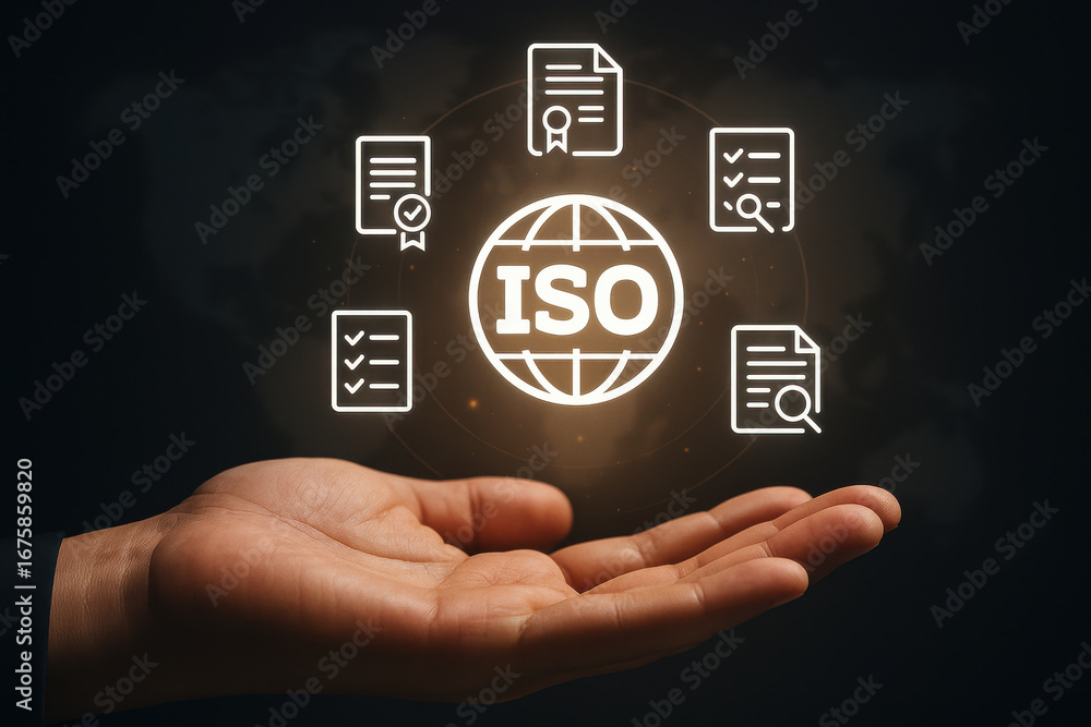 Poster iso certification concept with hand and document icons floating above