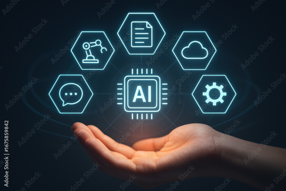 Poster artificial intelligence concept with glowing icons floating above hand