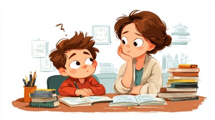 On a peaceful afternoon filled with the cozy ambiance of home, a curious child eagerly turns to their attentive mother in search of knowledge. 