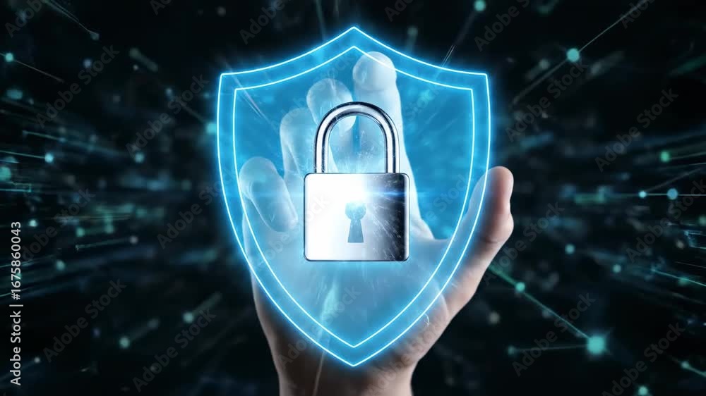 Poster hand holding digital shield with padlock - a hand holds a glowing digital shield with a padlock at i