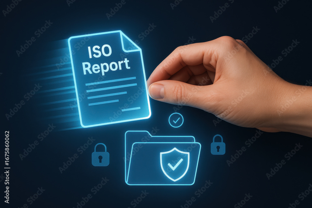 Aufkleber iso report document with security folder and hand holding digital file concept