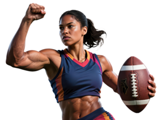 A powerful female athlete flexes her bicep while holding an American football, looking determined.