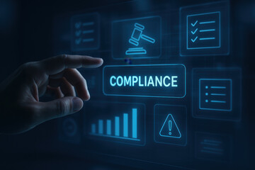 Compliance concept with hand pointing at digital interface with legal and business icons