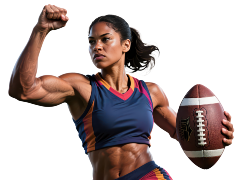 A powerful female athlete flexes her bicep while holding an American football, looking determined.