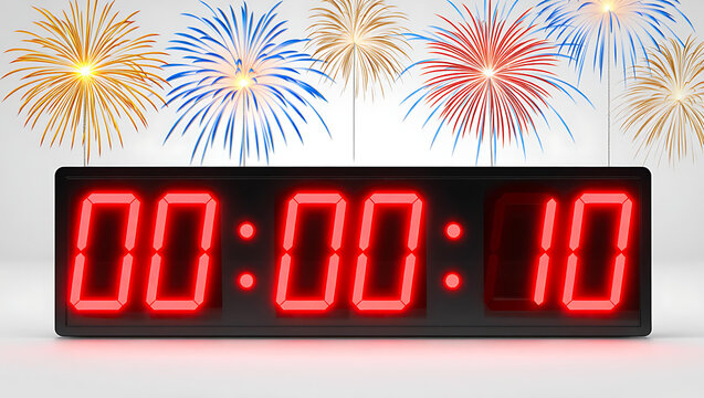 Red digital countdown timer showing 000010 with colorful fireworks clock - Powered by Adobe