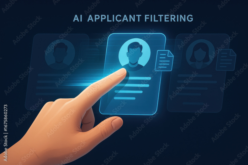 Aufkleber ai applicant filtering concept with hand selecting digital profile on dark background