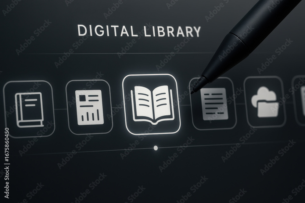 Poster digital library interface with ebook icon highlighted and stylus pen pointing on screen
