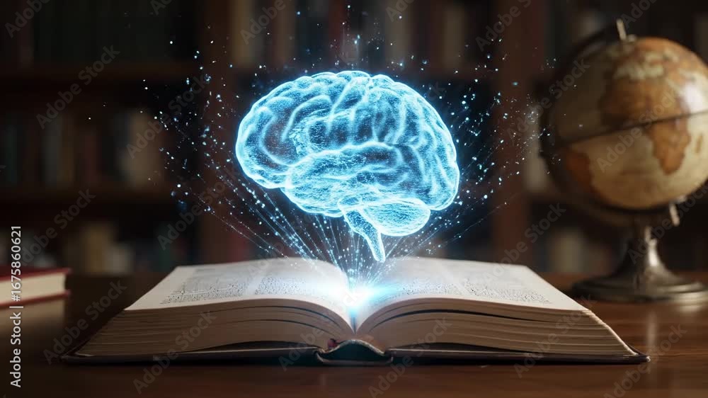 Poster digital brain and open book - a glowing digital brain hovers above an open book, symbolizing knowled