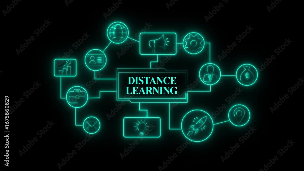 Fototapete glowing neon distance learning product lifecycle management system technology concept. technology, i