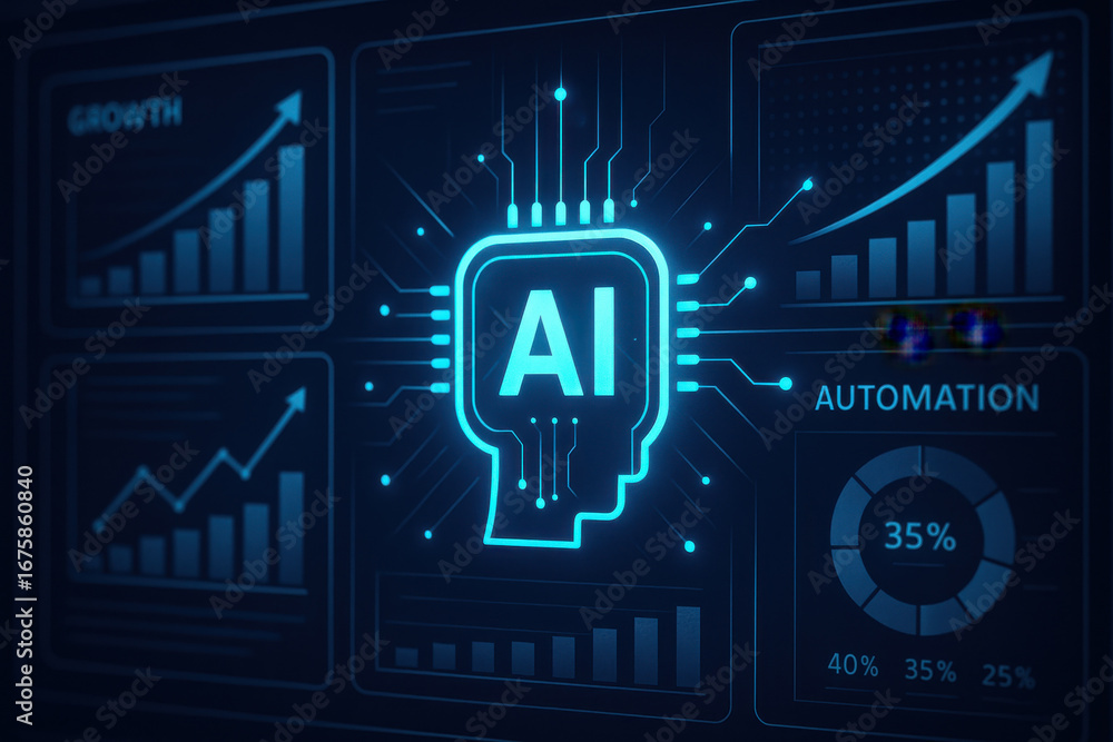 Poster artificial intelligence concept with glowing head icon and data charts showing growth