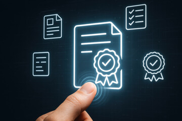 Digital certificate icon with hand pointing, secure document verification concept