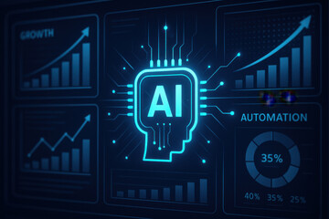 Fototapeta premium Artificial intelligence concept with glowing head icon and data charts showing growth