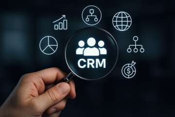 Customer relationship management concept with magnifying glass and business icons